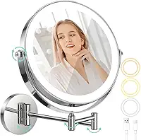 Espelho de Maquiagem com LED, 1x/10x Ampliação, 3 Cores de Luz, Rotação de 360°, Montagem na Parede, Branco, 1C x 1L cm