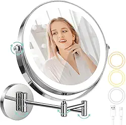 Espelho de Maquiagem com LED, 1x/10x Ampliação, 3 Cores de Luz, Rotação de 360°, Montagem na Parede, Branco, 1C x 1L cm