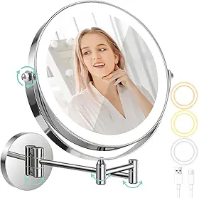 Espelho de Maquiagem com LED, 1x/10x Ampliação, 3 Cores de Luz, Rotação de 360°, Montagem na Parede, Branco, 1C x 1L cm