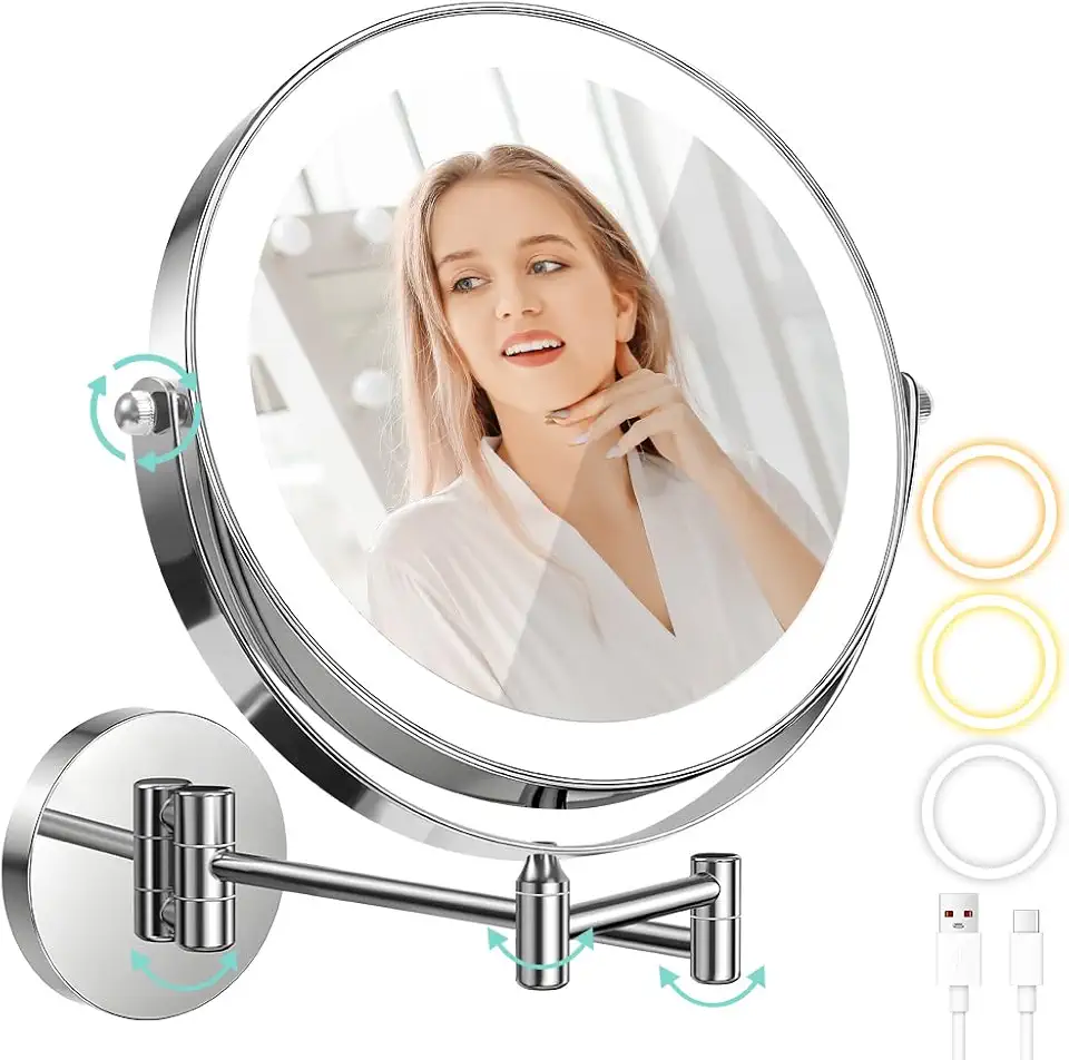Espelho de Maquiagem com LED, 1x/10x Ampliação, 3 Cores de Luz, Rotação de 360°, Montagem na Parede, Branco, 1C x 1L cm