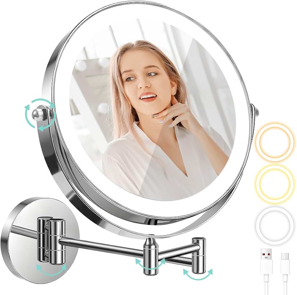 Reamfit Espelho de Maquiagem com LED, 1x/10x Ampliação, 3 Cores de Luz, Rotação de 360°, Montagem na Parede, Branco, 1C x 1L cm