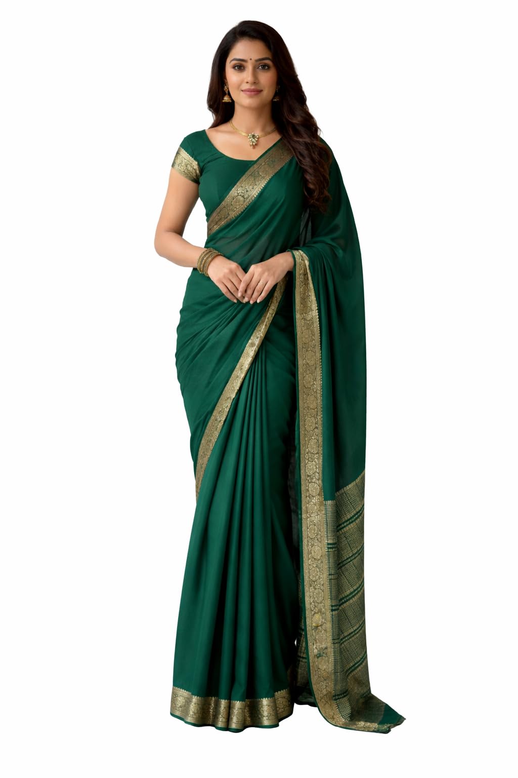 Women's Green Soft Chinon Saree with Beautiful Running Blouse Piece | Elegant Lightweight | Chinon Silk Saree for Women-image-7