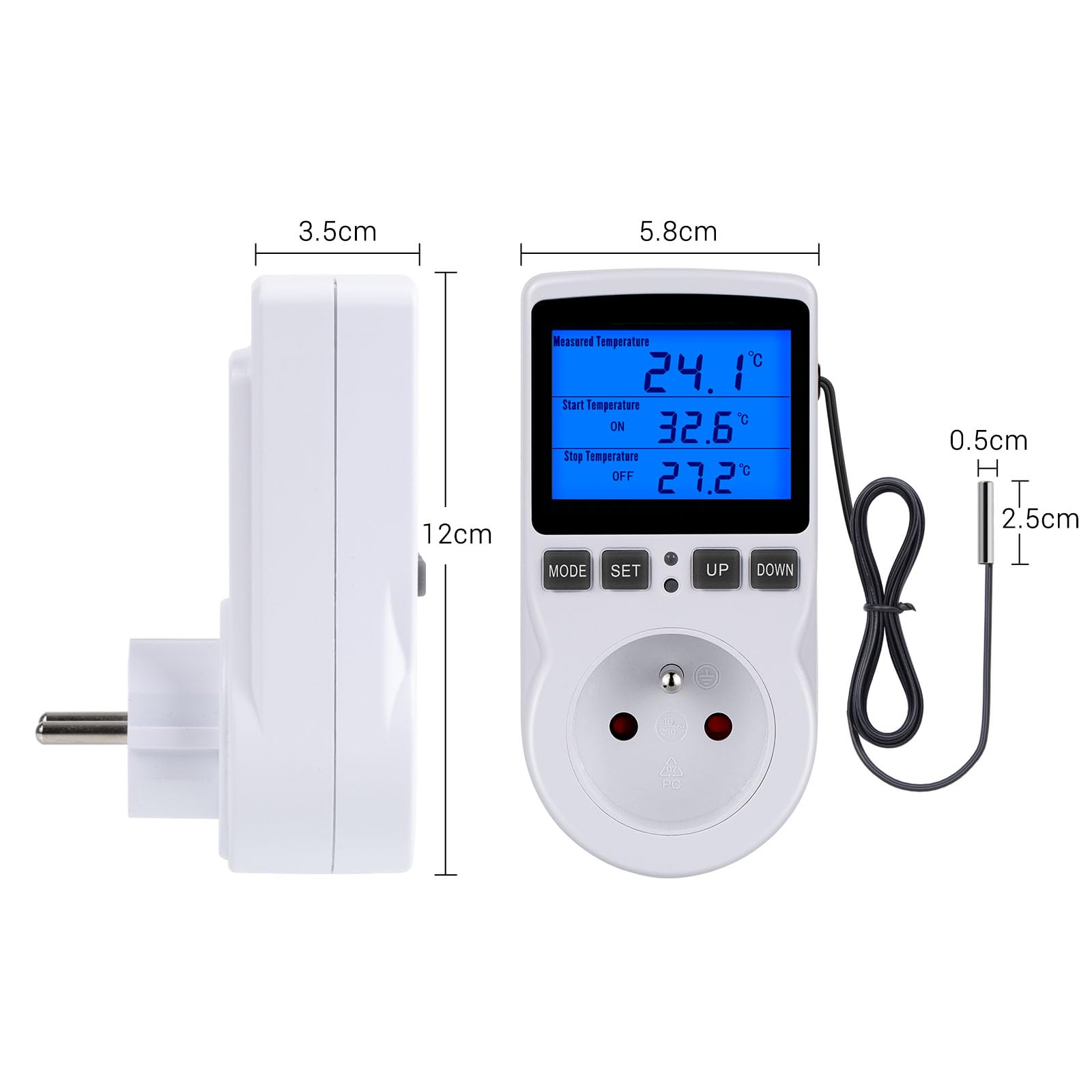 Inkbird Prise Thermostat, Thermostat Terrarium avec Ecran LCD et Sonde, Regulateur de Température Numerique Thermostat Chauffage Refroidissement pour Serre,Reptiles(FR Prise)