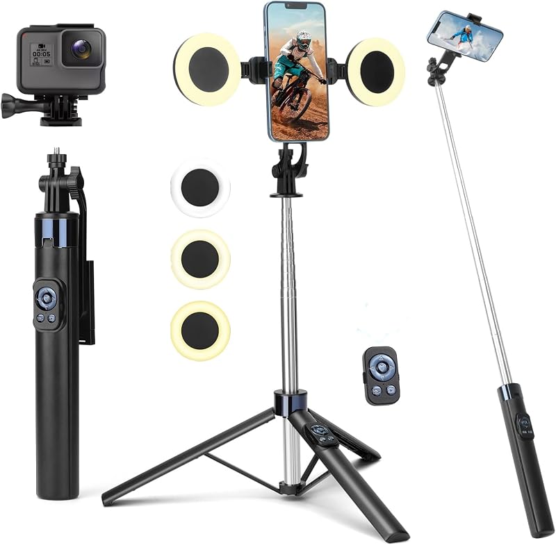 70” Phone Tripod & Selfie Stick with Light, Metal Tripod Holder with Wireless Remote,Portable Travel Selfie Stick Tripod for iPhone/Android and Gopro