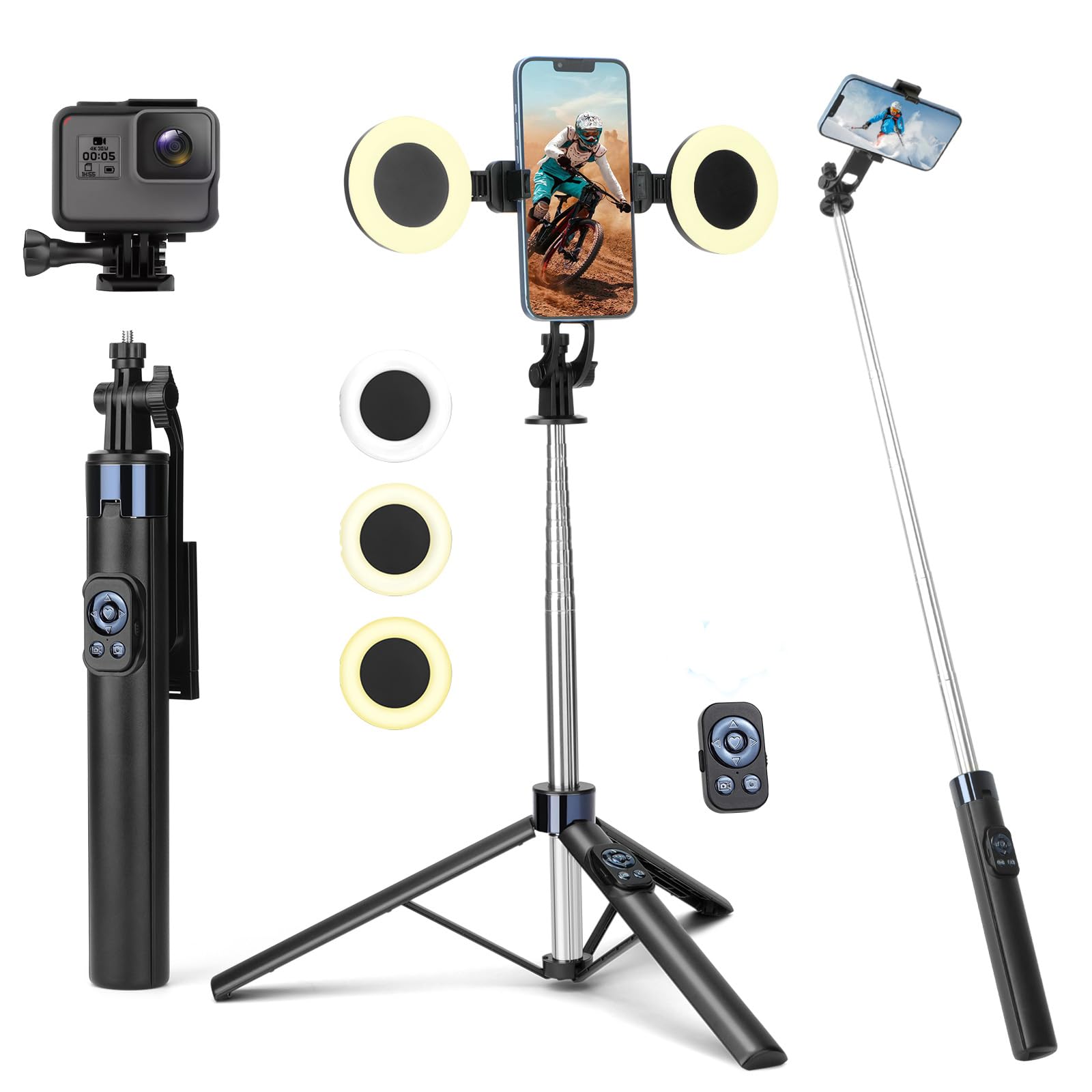 Treppiede per telefono da 70 pollici e bastone per selfie con luce, treppiede in metallo con telecomando wireless, treppiede portatile da viaggio per iPhone/Android e GoPro