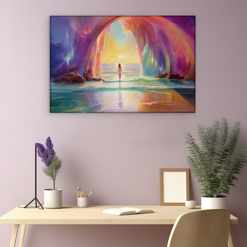 Canvas for Living room. Ocean's Embrace: A Serene Vision in White Against the Vivid Sunset Palette, 27 x 18 inch Canvas Wall Art - Top Worldwide Beaches - Modern Home Decor - 69x46 cm (27x18 inch)