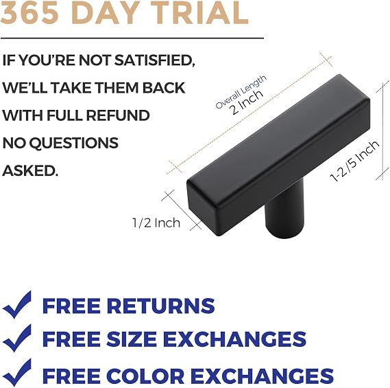 Ravinte 10 Pack Black T Bar Square Cabinet Knobs 2in Cabinet Pulls | Matte Black Finish, Solid Metal, Easy Install, Screws Included, Hardware, Kitchen, Bathroom, Drawers, Cabinets