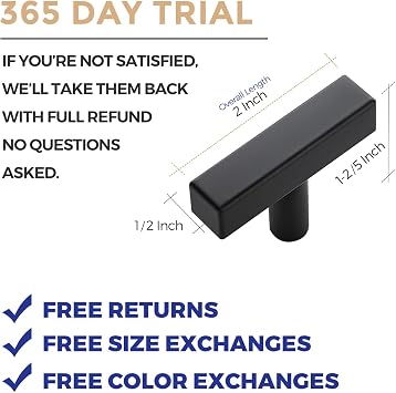 Ravinte 10 Pack Black T Bar Square Cabinet Knobs 2in Cabinet Pulls | Matte Black Finish, Solid Metal, Easy Install, Screws Included, Hardware, Kitchen, Bathroom, Drawers, Cabinets