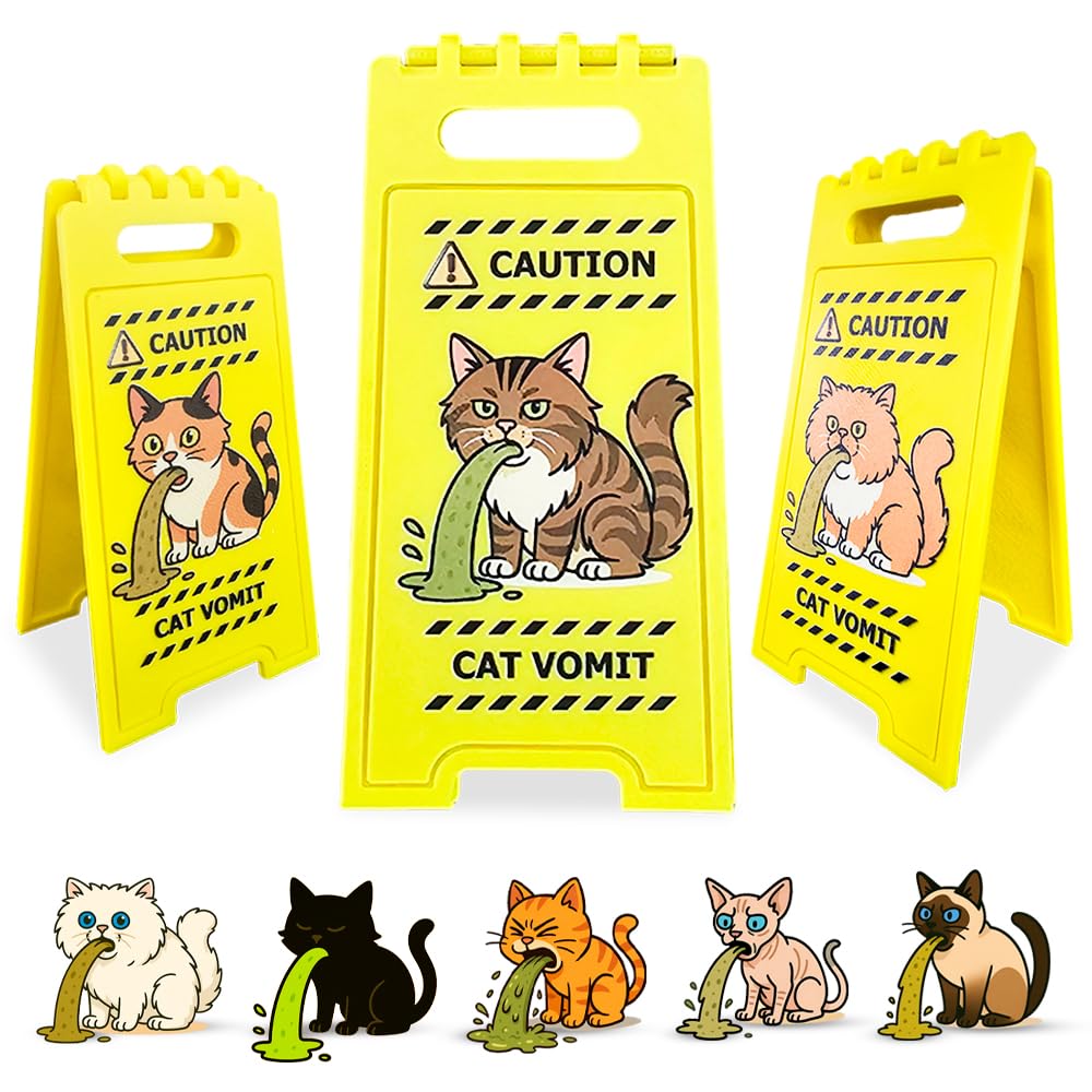 Cat Lover's Funny "Caution Cat Vomit" Desk Sign (Over 15 Cat Breed Designs) – Vivid 3D Printed Double-Sided Miniature Foldable Decor, Quirky Gag Gift,