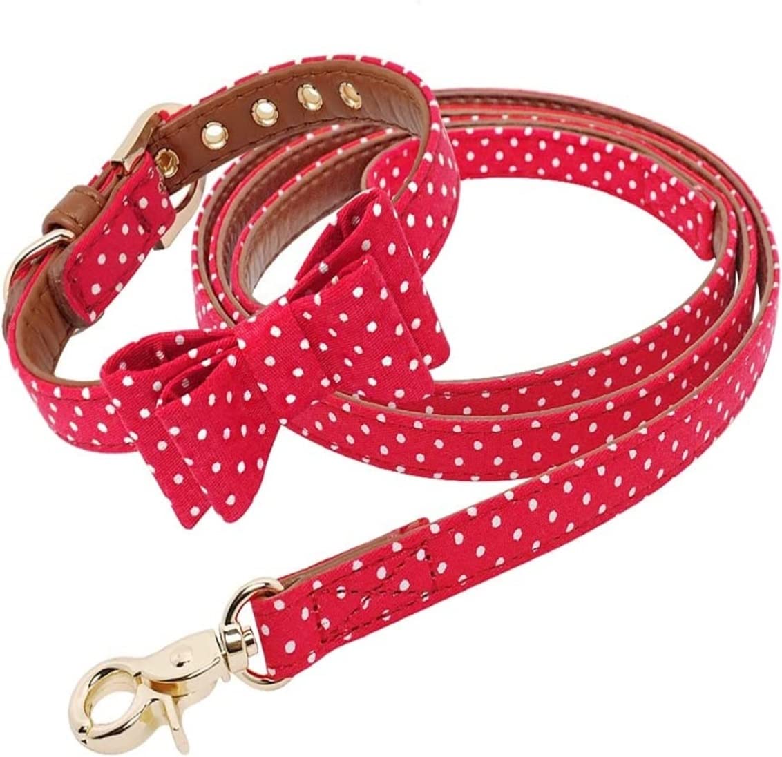 Smycz dla Psa Oddychające Zestaw Obroży I Smyczy Dla Psa Skórzana Obroża Kota Z Kokardką Polka Dot Lead Rope Smycz Miękkie Regulowana(33-51cm)