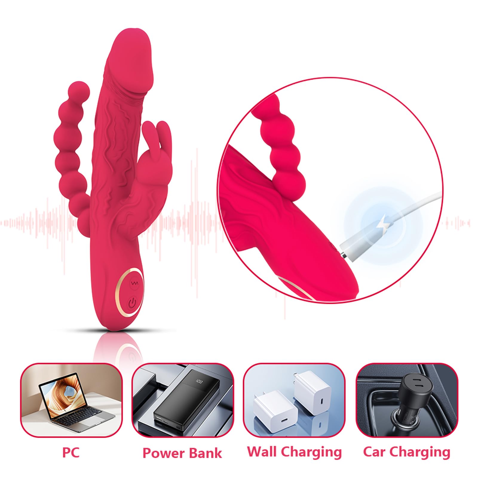 Dildo Vibratore Sex Toys per Donne 3 in 1 Vibratori Punto G Stimolatore Anale Clitorideo con 10 Modalità di Vibrazione Sex Toys Massaggiatore Impermeabile in Silicone per Coppie (Rosso)