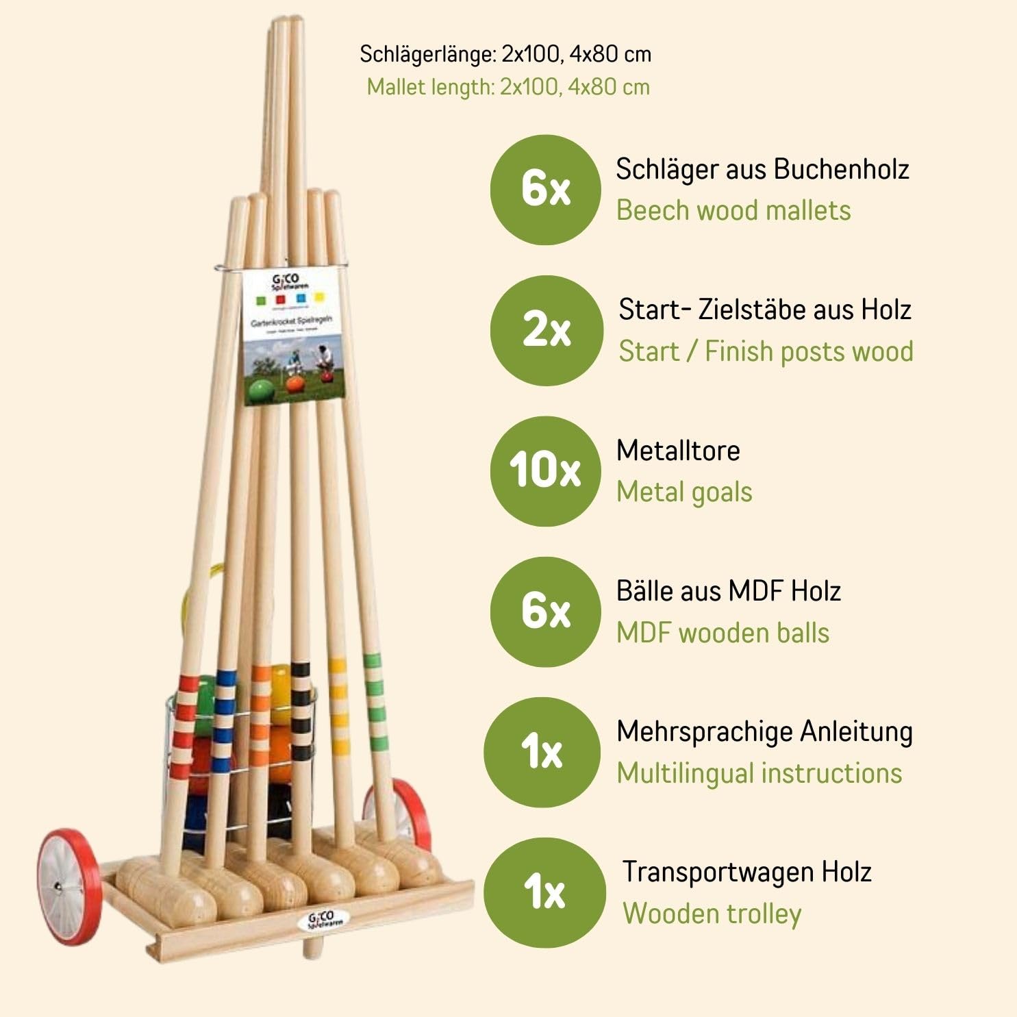 GICO Jeu de Croquet en Chariot Bois 6 Joueurs 4 Maillets 80 cm Enfants 2 Maillets 100 cm Adultes Plein Air