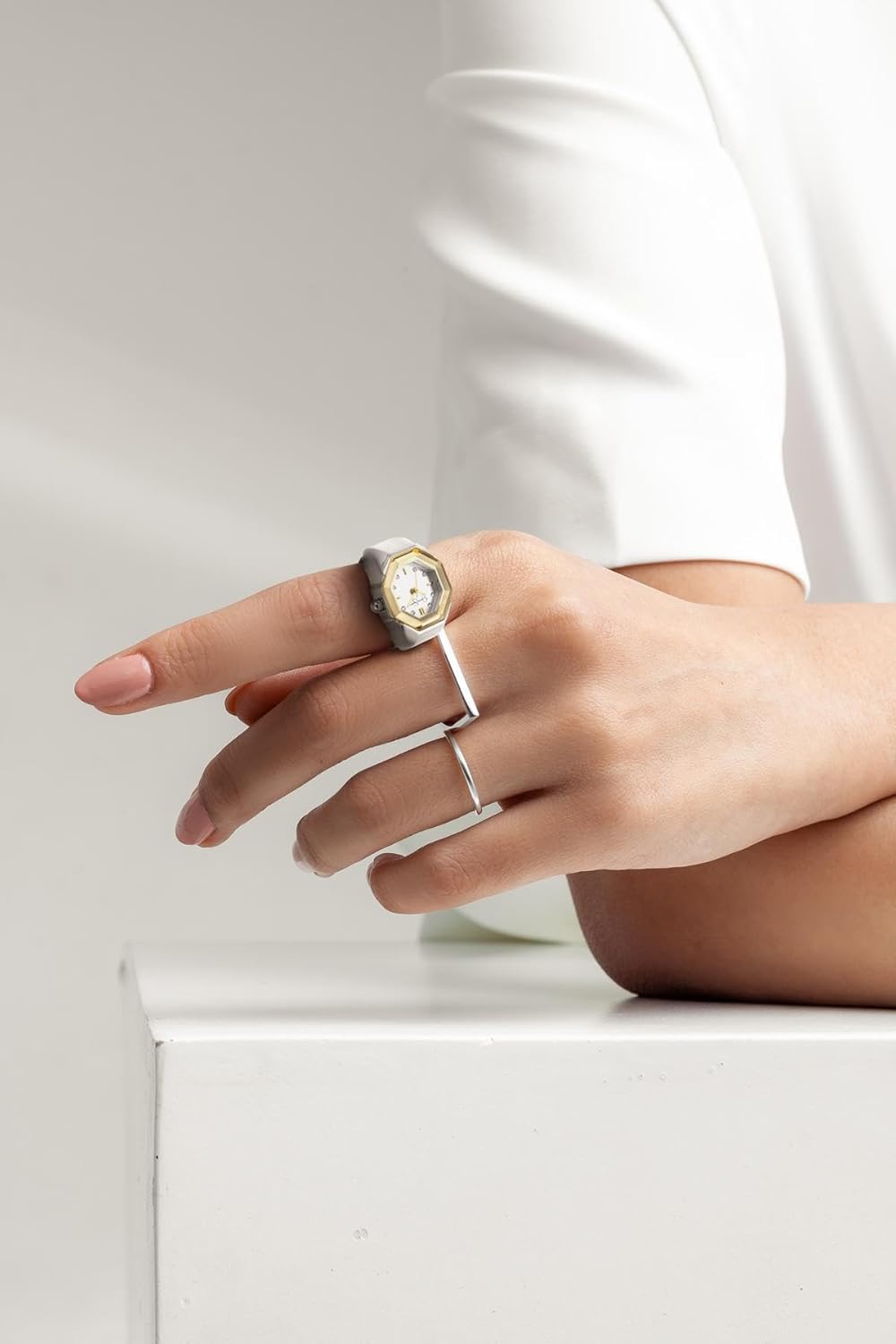 Jessica Simpson Women's Silver Adjustable Ring Watch – Gold Octagon Bezel, Quartz Analog Mini Dial, Stretch Band Fashion Jewelry Accessory - Image 3