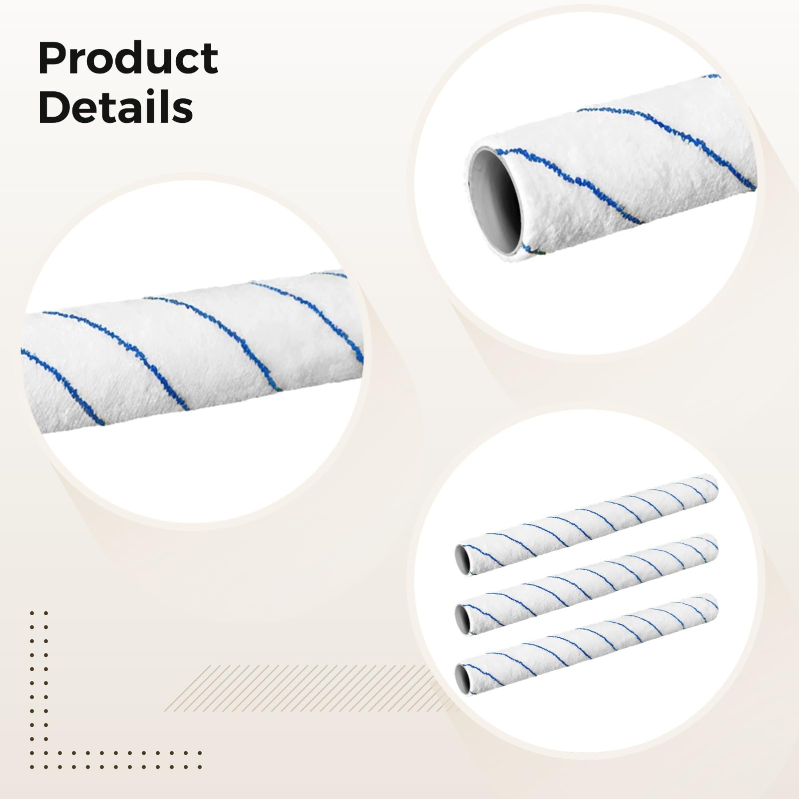 Lot de 3 rouleaux de peinture, polyester et alliage d’aluminium, bande bleue et poils courts, pour surfaces mi-rugueuses, entretien facile, usage universel