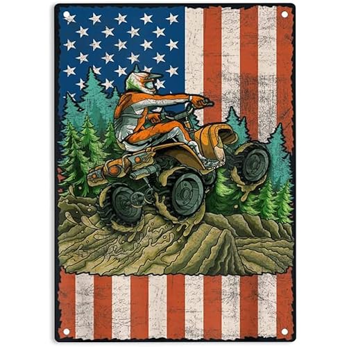ERMUHEY American Flag Quad Biker Rider Four Wheeler Fun Off Road Sign Metal Tin Signs, Quad Biker Poster for Home/Office/Restaurants/Cafes Bars Pub/Man Cave Wall Decor Plaque Sign 12x8 Inch