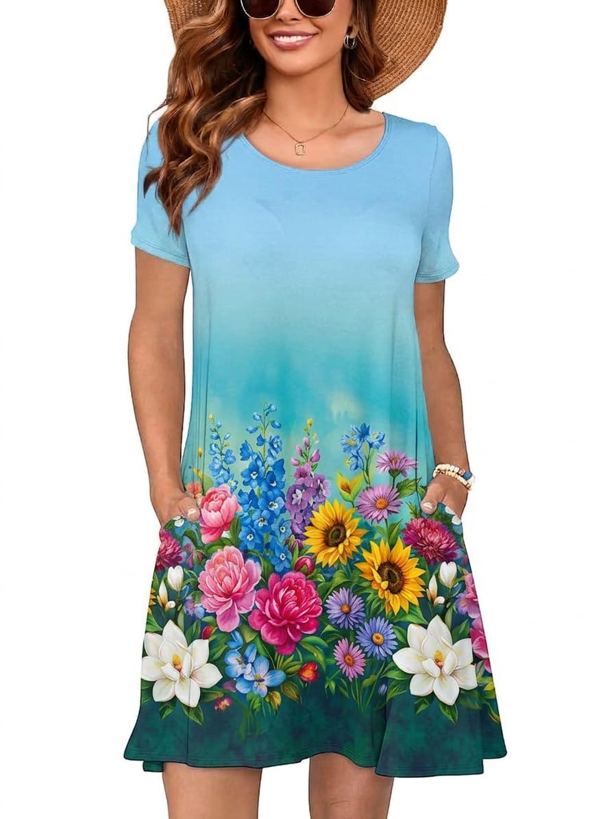 Heymoments Summer Dresses for Women Short Sleeve Crewneck Swing Sundress Casual A-Line Flowy Dress with Pockets S-2XL
