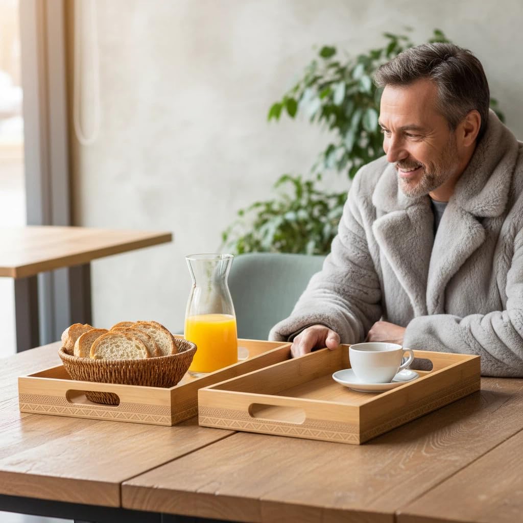 RS02181 Set de 2 Bandejas de Bambú Natural Rectangulares, Bandeja de Sirvir con Asas Doble Diseño y Detalles Geométricos, para Cocina, Mesa y Desayuno