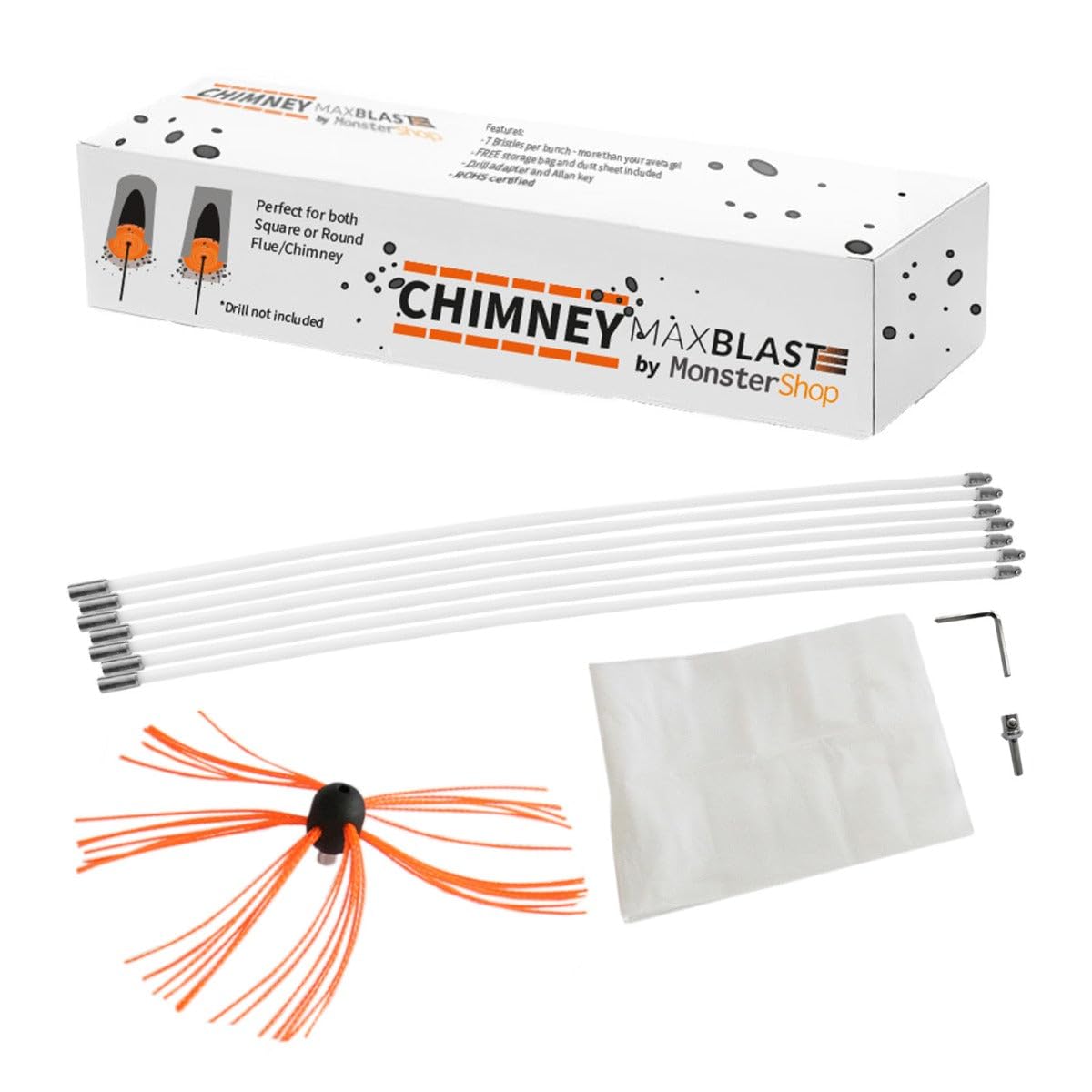 Chimney Cleaner Kit, Drill Powered Sweeping Brush, Rotary Brush, 8m, Fireplace, Wood Burner, Flue, Reinforced Nylon Flexible Rods, FREE Dust Sheet, FREE Storage Bag, Includes Drill Adapter & Allen Key