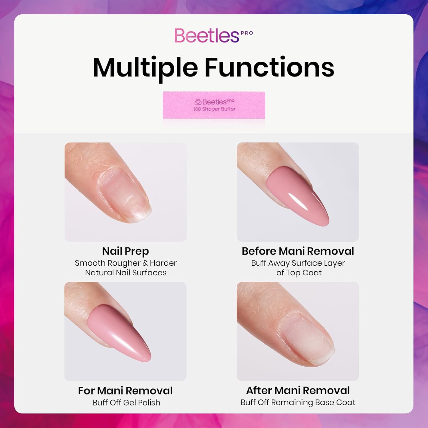 Beetles Pro Nail Buffer Sanding Block, 50 Pcs 100 Grit Polisher Buffing File 4 Sides Nail Files Pink Art Pedicure Manicure File