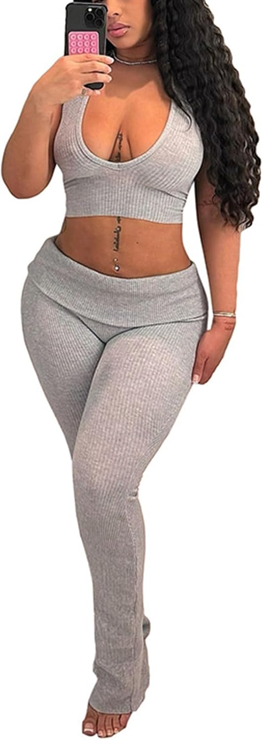 Vssjavun Women's Ribbed Knit 2 Piece Outfits Halter Crop Tops Foldover Bodycon Leggings Pants Casual Lounge Sets
