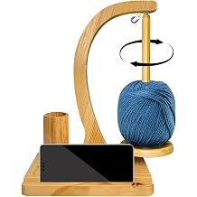 Wooden Yarn Holder for Crocheting, Wooden Yarn Spool Rack with Cell Phone Holder and Crochet Hook Organizer, Rotating Pendulum Yarn Ball Dispenser Stand,Crochet Lovers Pine Wood