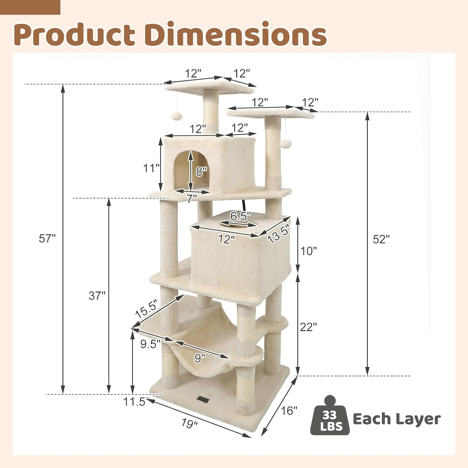 DORTALA 57" Tall Cat Tree, Multi-Level Cat Tower with 2 Large Condos, Sisal Scratching Posts, Top Perch, Hammock, Pet Play House Climbing Furniture for Indoor Adult Cats & Kittens (Beige)