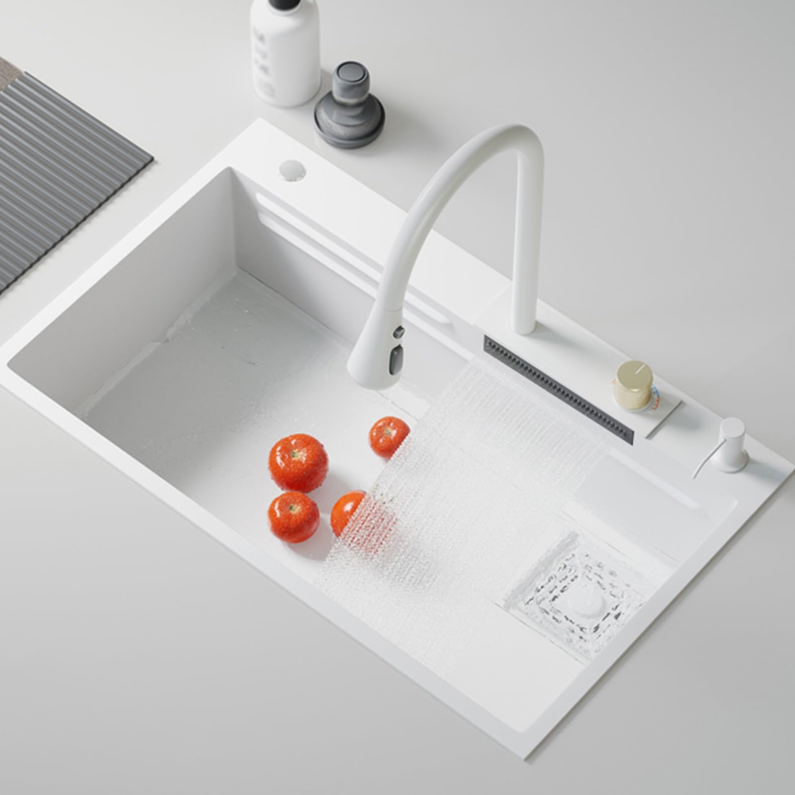 Gljtuo White Modern Kitchen Sink With Waterfall Tap, Stainless Steel Single Bowl Set With Pressure Washer, Chopping Board, Drip Basket And Accessories For Home Use,-75X45cm