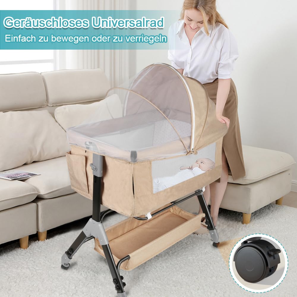 Berceau Cododo avec Matelas et Moustiquaire, Lit pour Les Bébés de 0 à 36 Mois Pliable -Berceau bébé Mobile Lit d'Appoint 4 Réglage de la Hauteur,104 * 52 * 100-110cm,Beige