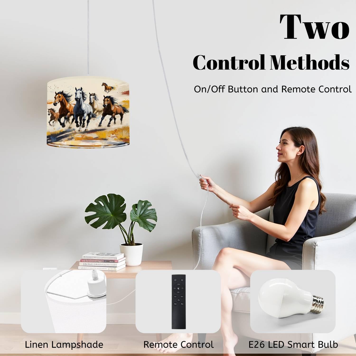 Plug in Pendant Light Western Desert House Animals Boho Wild Horses Flowing Manes Grass Hanging Light with Plug in Clear Cord Dimmable Switch Linen Shade Hanging Lamp Fixture for Bedroom Kitchen