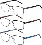 3 Pack Reading Glasses for Men, Blue Light Blocking Computer Readers, Metal Frame Spring Hinge Eyeglasses with Pouches, Anti Eyestrain/Glare/UV(200 Magnification Strength)