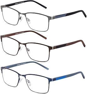 3 Pack Reading Glasses for Men, Blue Light Blocking Computer Readers, Metal Frame Spring Hinge Eyeglasses with Pouches, Anti Eyestrain/Glare/UV(200 Magnification Strength)