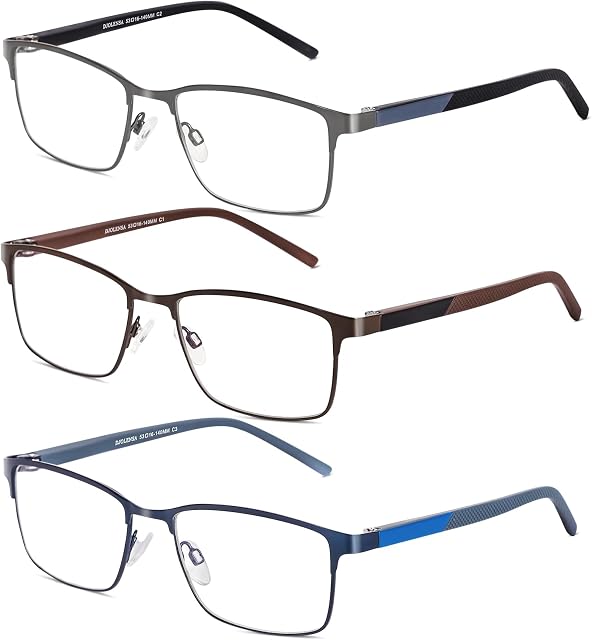 3 Pack Reading Glasses for Men, Blue Light Blocking Computer Readers, Metal Frame Spring Hinge Eyeglasses with Pouches, Anti Eyestrain/Glare/UV(200 Magnification Strength)