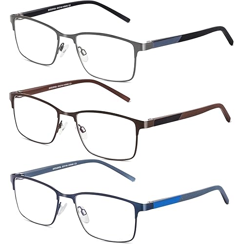 3 Pack Reading Glasses Men, Blue Light Blocking Reading Glasses 4.0, Anti Eyestrain/Glare/UV, Metal Frame Spring Hinge Computer Readers with Pouches (4.0+)