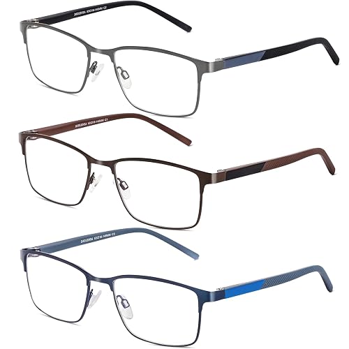 DJOLENSA 3er-Pack Lesebrillen für Männer, Blaulicht-Blocker, Computer-Lesebrille Herren, Metallrahmen mit Federscharnier & Etuis, schützt gegen Ermüdung/blendendes Licht/UV-Licht (Stärke +2.5