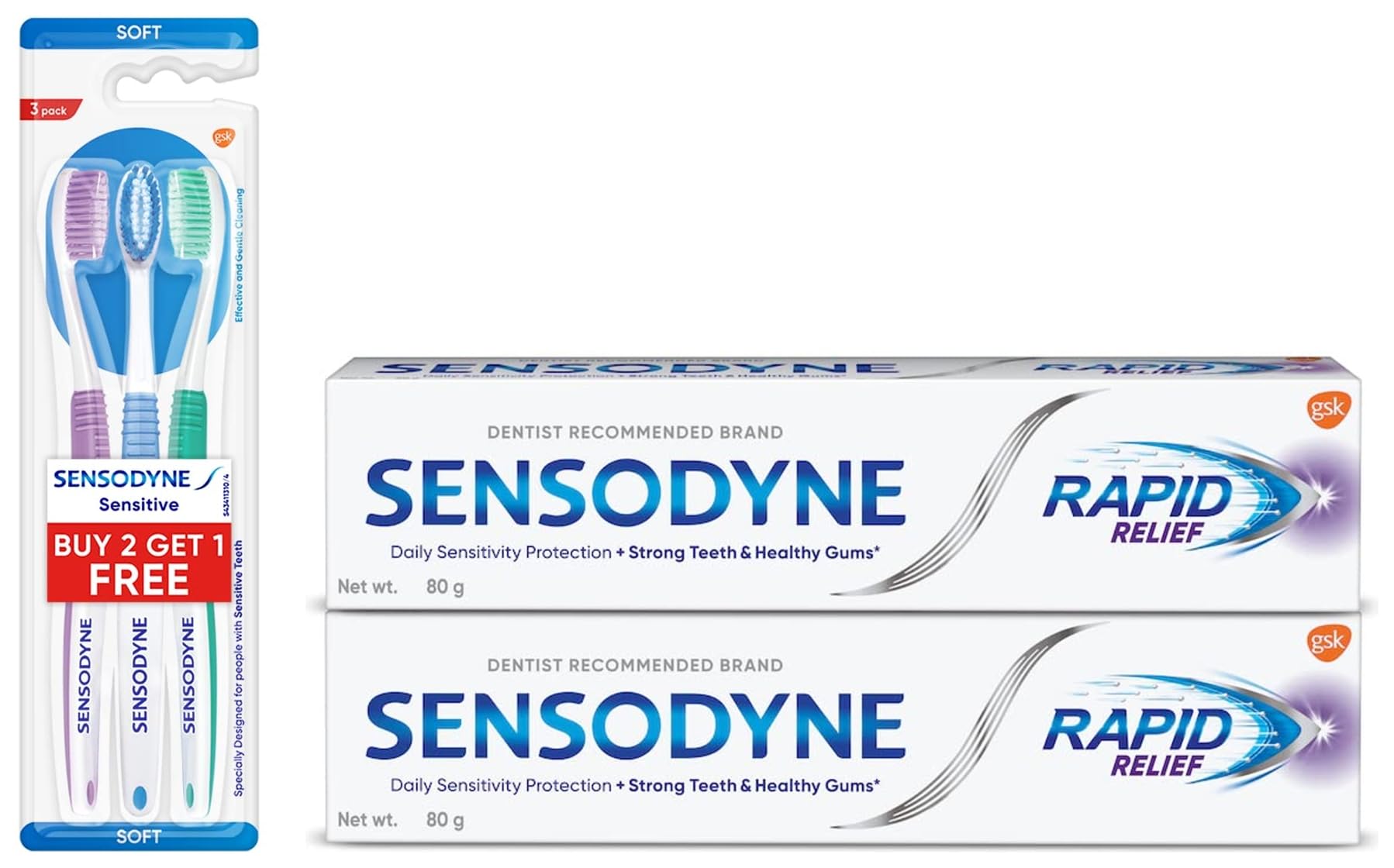 Sensodyne Toothpaste Rapid Relief Combo pack, 160 gm multi-pack (80 gm x 2) & Sensodyne Toothbrush, 3 pieces (Manual,Multicolor,Buy 2 Get 1 free) COMBO (B0CHLXFPM2) Amazon Price History, Amazon Price Tracker