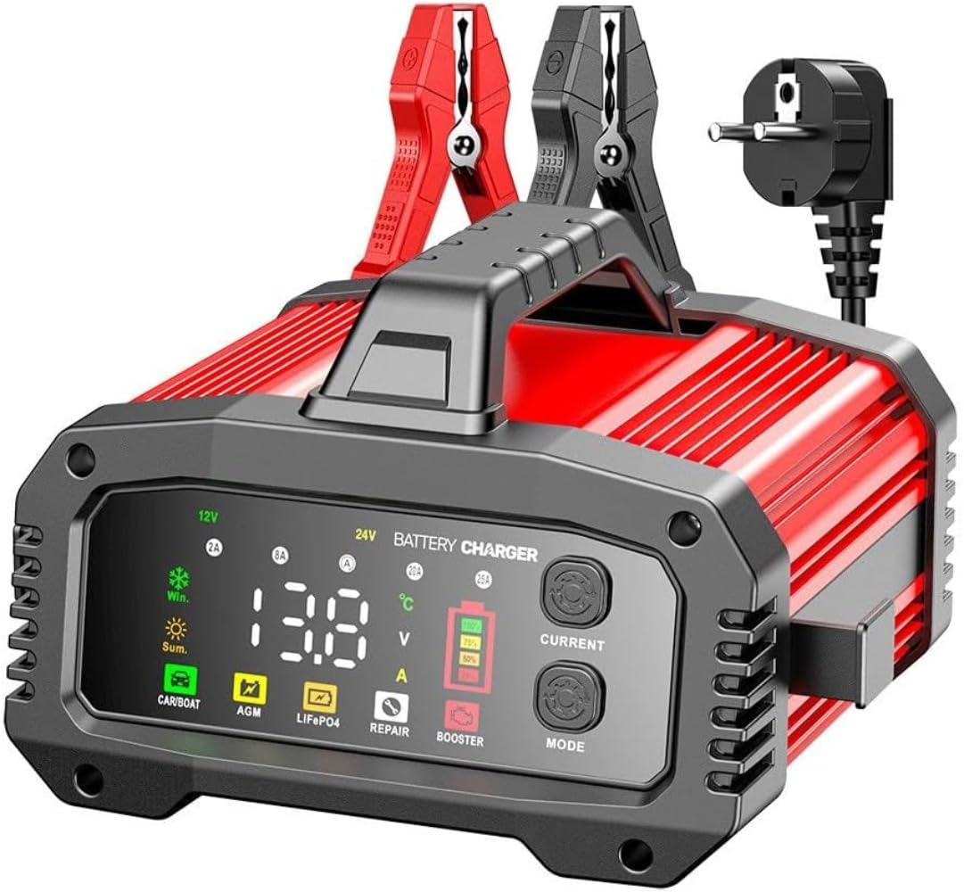 12V/24V Autobatterie Ladegerät, 30A Ladegeräte für Autobatterien, Batterieladegerät für Auto, Motorrad, Rasenmäher, Boot, Lithium, mit LCD-Bildschirm (EU)
