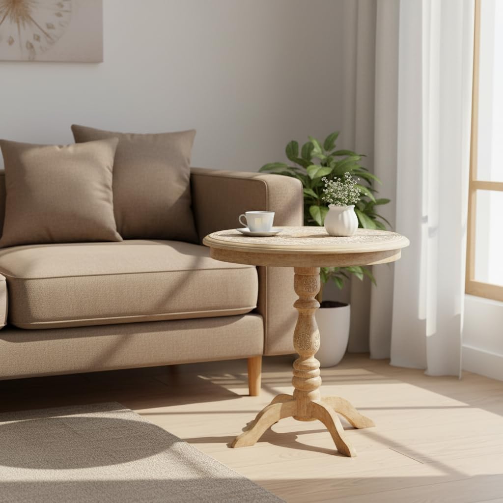 Lightnpro Hand-Carved Wooden Round Pillar Table, 24 Inch White Wash image 5