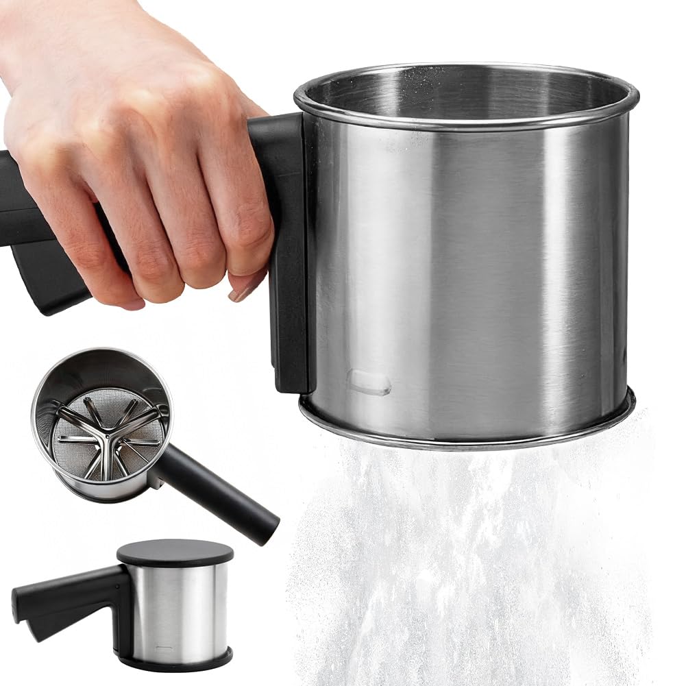 RANJIMA Mehlsieb Edelstahl Puderzuckerstreuer, Puderzuckermühle Edelstahl, mit Griff Feines Sieb mit Deckel Puderzuckermühle Kapazität Puderzuckersieber für Mehl, Zucker, Zimt, Gewürzpulver