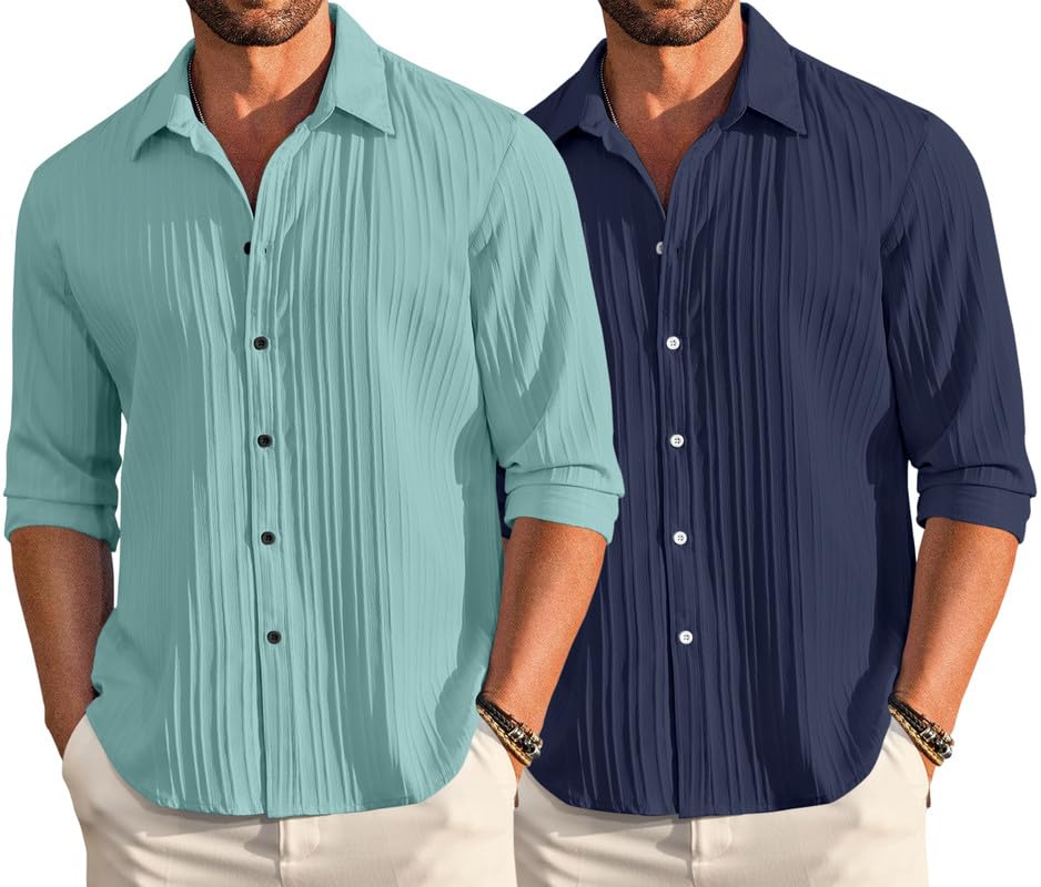 Image of FINIVO FASHION Men's Cotton Blend Shirt Set Lightweight, Full Sleeves, Plain Texture, Button Closure, Summer Ready (Pack of 2)
