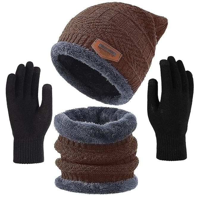 GoodfriendsGood Friends Winter Cap for Men Women Woolen Beanie hat with Neck Muffler and Super Warm Touchscreen Gloves with Thick Fleece Lined Elastic Free Size Winters Wear for Snowboarding and Hiking (Brown)