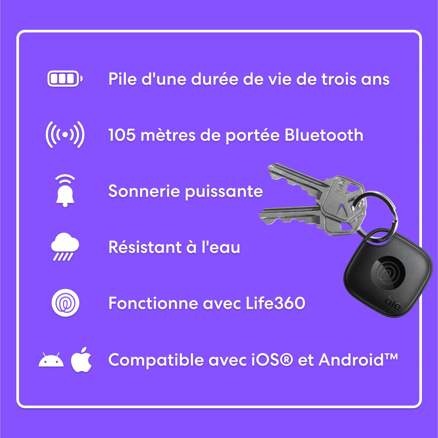 Life360 Tile - Tracker Bluetooth, détecteur de clés et localisateur d'objets pour clés, Sacs & Autres. Détecteur de téléphone. Compatible avec iOS & Android. Lot de 4 (Noir)
