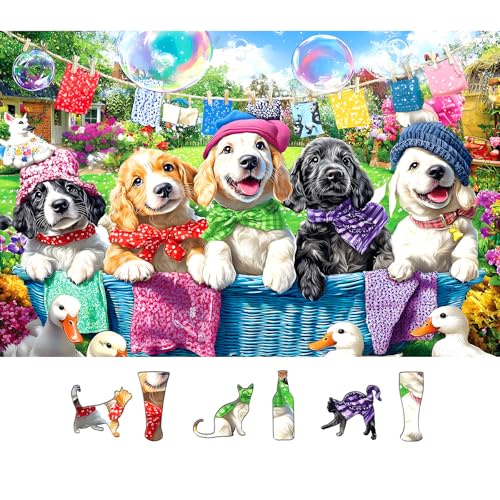 Image of Laundry Day Dogs 500 Piece Jigsaw Puzzle for Adults Colorful Garden Scene with Puppies Animal Puzzle with Letters on Back Fun & Relaxing Gift for Seniors, Family, Adults (23 inchx15 inch)