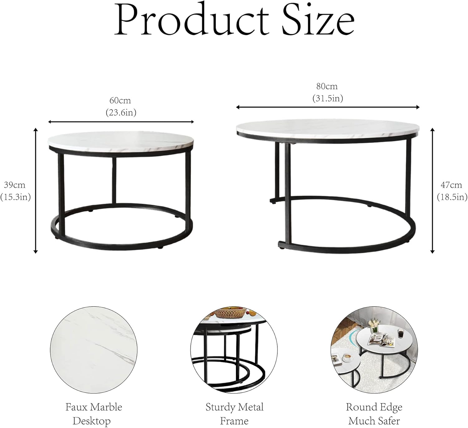 AT-VALY Nesting Table Set of 2,Round Coffee Table,End Side Table with Sturdy Metal Frame for Living Room 31.5" (Black&White)