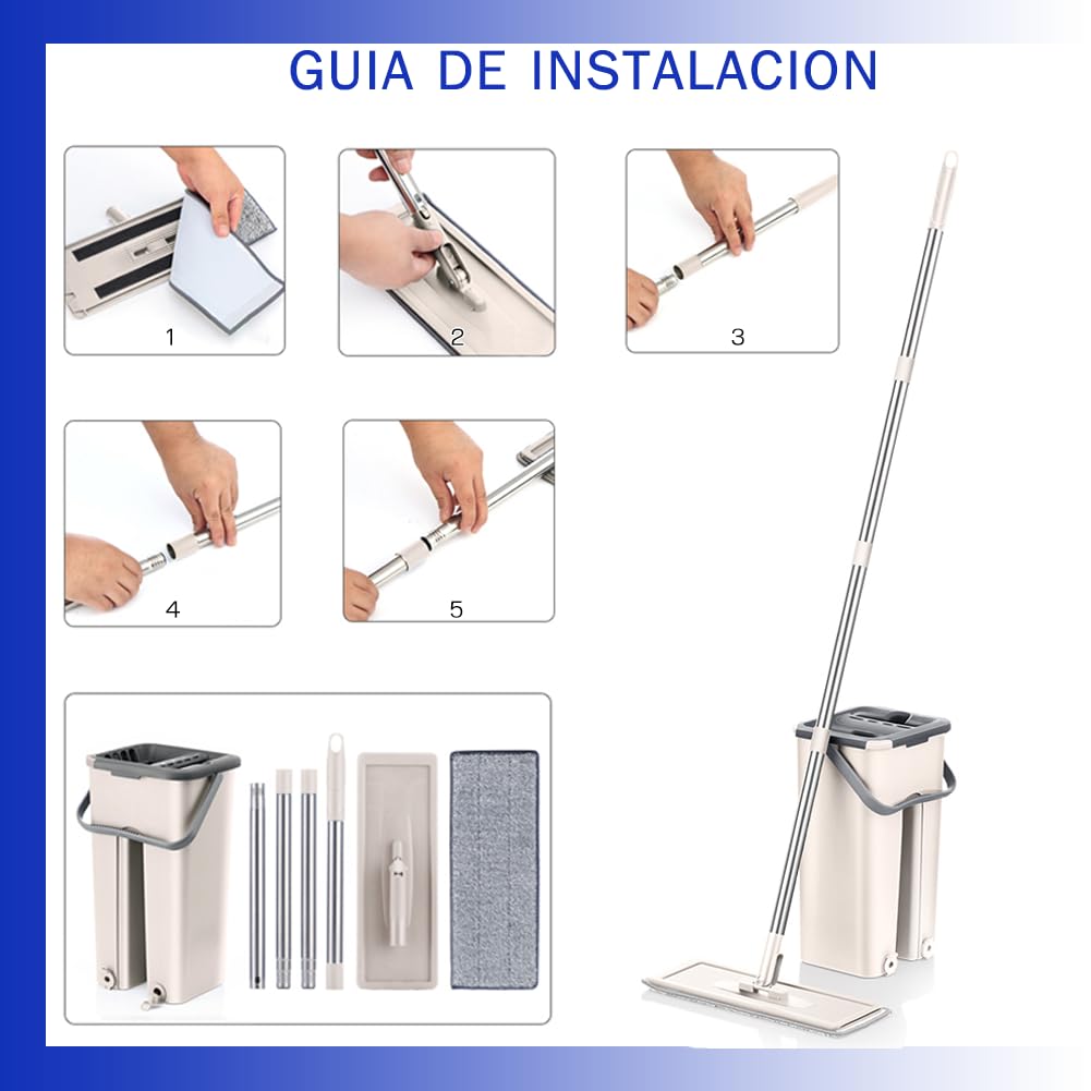 Mopa para Limpiar Azulejos y Paredes Mopa Fregona con Cubo Escurridor Fregona Autoescurrible Mopas de Limpieza Suelos Mop Bucket Set 6 Almohadillas Microfibra Gamuza Trapeador (Beis)