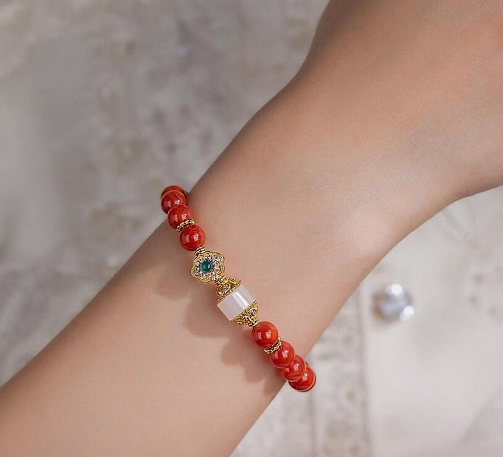 Pulsera de oro amarillo de 9 quilates, 14 quilates, 18 quilates, ágata y jade de 6 a 7 mm, pulsera de oro real de 14 quilates para mujer