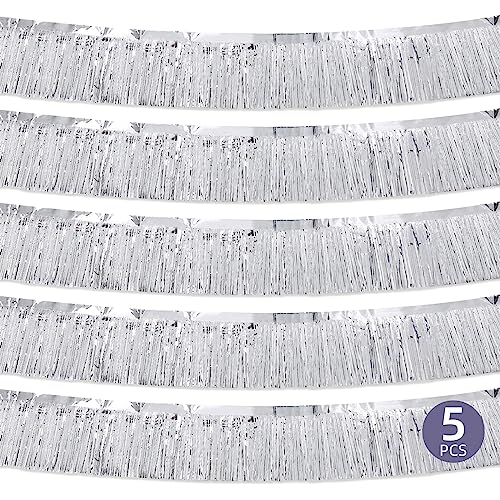 Image of 5 Pack 10 Feet Silver Foil Fringe Garland - Metallic Tinsel Streamers Fringe Backdrop Banner for Parade Floats, Birthday Parties, Halloween & Christmas Decorations