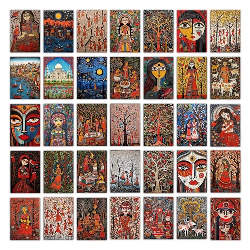 Image of Wallgasm Traditional Madhubani Poster Set - Set of 54, 4 x 6 Inches Posters Posters For Living Room, Office, Bedroom Traditional Madhubani Painting Inspired