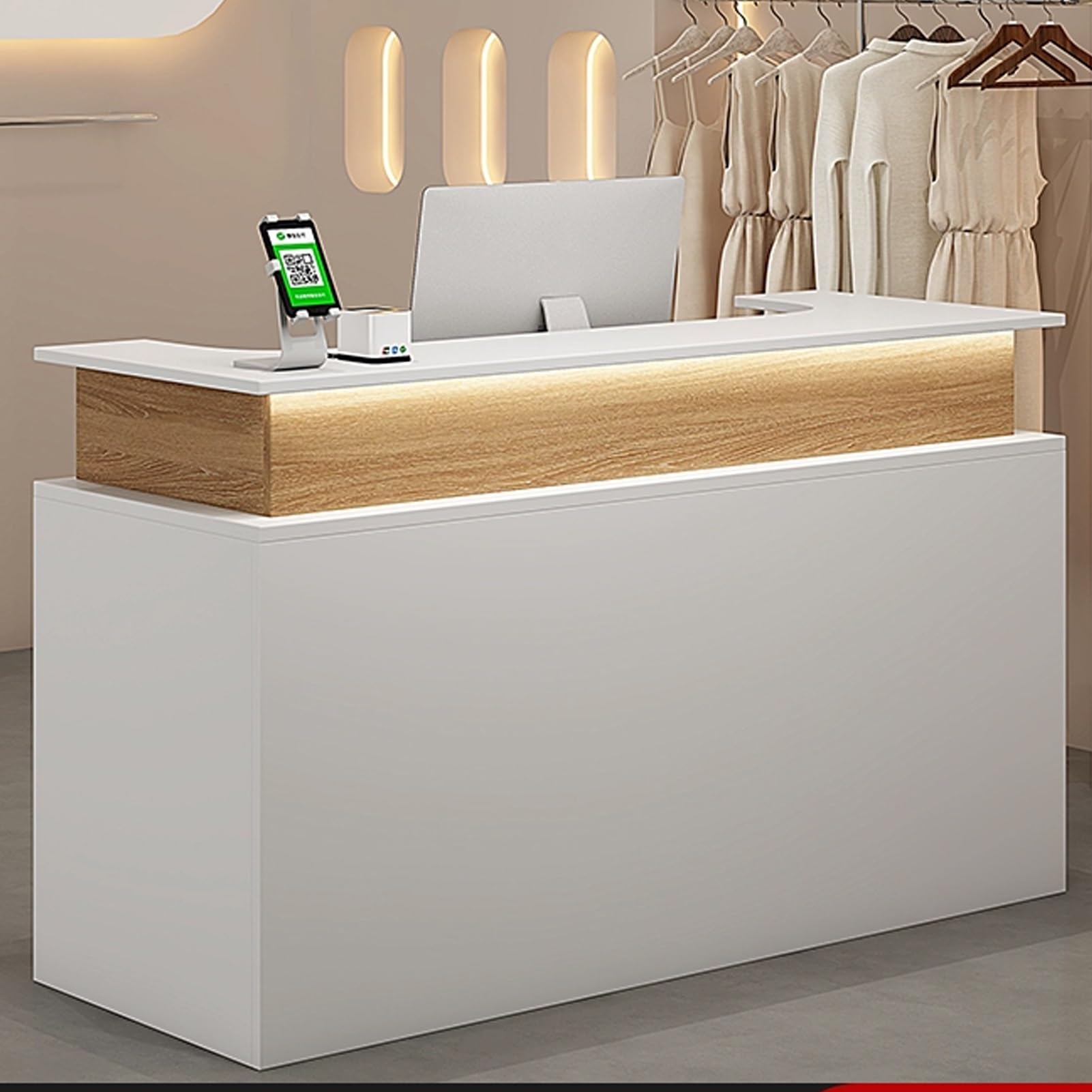 Biurko recepcyjne LED z zamykaną szufladą, drewniany blat przedni, do kasy, biura i salonu piękności, stylowy stół wejściowy, 110 cm, białe i drewniane wykończenie