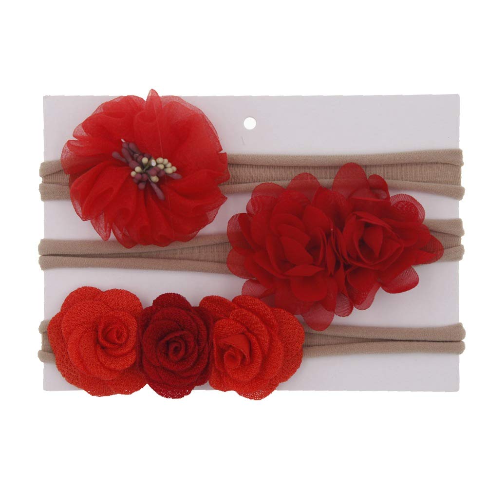 SYGA 3 Pcs Baby Headband Nylon Flower Stretchable HairBand for Newborn Infant Toddlers Kids 0-3 Year (Red)-image-36