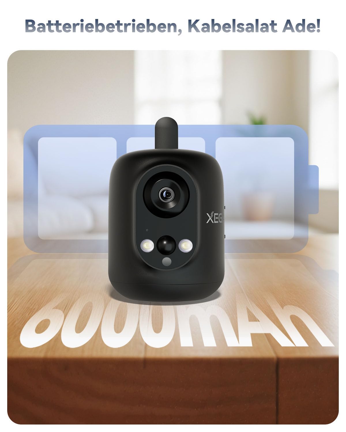 Xega 4G LTE Überwachungskamera Innen mit SIM Karte Ohne WLAN, 2K Kabellose Kamera für Babys/Haustiere/Senioren, 355°P/60°T, 6000mAh Akku, Farb-Nachtsicht, PIR Kennung, TF/Cloud, Nicht Wasserfest
